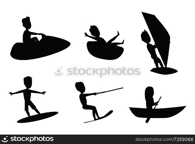 Summer sport set of silhouettes, donut ride and boating, kitesurfing or windsurfing, surfboard for water activity flat vector illustration isolated.. Summer Sport Set Silhouettes Vector Illustration