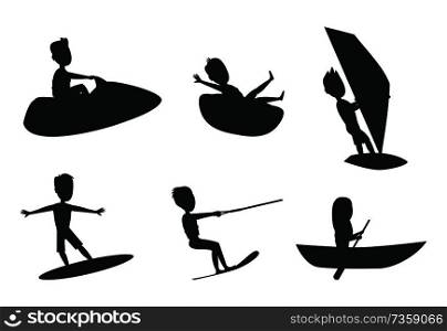 Summer sport set of silhouettes, donut ride and boating, kitesurfing or windsurfing, surfboard for water activity flat vector illustration isolated.. Summer Sport Set Silhouettes Vector Illustration