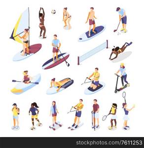 Summer sports and outdoor activities isometric icons set of people riding on surfboard sup board kayak scooter rollers isolated vector illustration