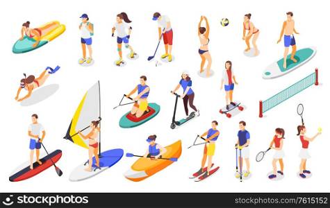 Summer sports and outdoor activities isometric icons with people playing golf tennis volleyball skating vector illustration