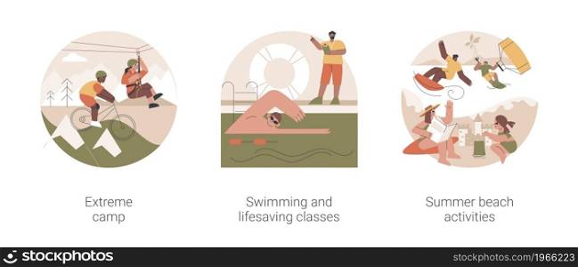 Summer sports and recreation abstract concept vector illustration set. Extreme camp, swimming and lifesaving classes, summer beach activities, adventure park, surfing and diving abstract metaphor.. Summer sports and recreation abstract concept vector illustrations.