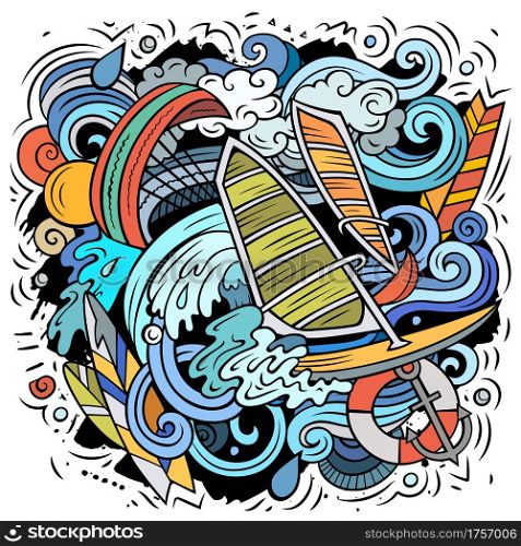 Summer sports cartoon doodle illustration. Funny design. Creative vector background. water sport elements and objects. Line art composition. Summer sports cartoon doodle illustration. Funny design.