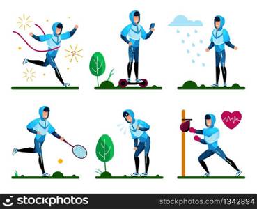 Summer Sports, Recreation Outdoors Activities Trendy Flat Vector Isolated Concepts Set. Man in Sportswear Riding Hoverboard, Playing Tennis, Boxing with Punching Bag, Crossing Finish Line Illustration
