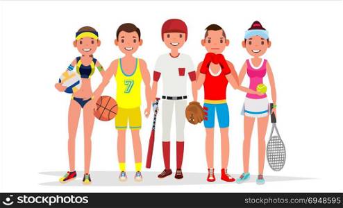 Summer Sports Vector. Set Of Players In Boxing, Basketball, Volleyball, Baseball. Isolated On White Flat Cartoon Illustration. Summer Sports Vector. Set Of Players In Boxing, Basketball, Volleyball, Baseball. Isolated Flat Cartoon Illustration