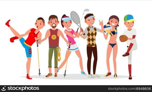 Summer Sports Vector. Set Of Players In Boxing, Hiking, Basketball, Volleyball, Golf, Baseball. Isolated Flat Cartoon Illustration. Summer Sports Vector. Set Of Players In Boxing, Hiking, Basketball, Volleyball, Golf, Baseball Isolated Cartoon Illustration