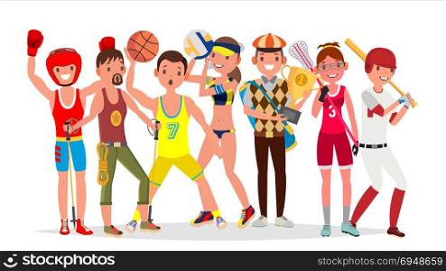Summer Sports Vector. Set Of Players In Boxing, Hiking, Basketball, Volleyball, Golf, Lacrosse, Baseball. Isolated On White Background Flat Cartoon Illustration. Summer Sports Vector. Set Of Players In Boxing, Hiking, Basketball, Volleyball, Golf, Lacrosse, Baseball. Isolated On White Background Flat Illustration
