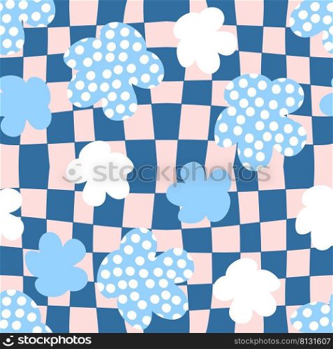 Summer spotted flowers seamless pattern on grid distorted background. Hippie aesthetic print for fabric, paper, T-shirt. Groovy vector illustration for decor and design.