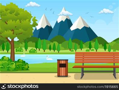 Summer, spring day park vector illustration. Wooden bench, trash bin and street lamp in park trail with lush green trees, bushes and mountains in the background. Vector illustration in flat style. Summer, spring day park