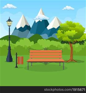 Summer, spring day park. Wooden bench, street lamp in park , bushes and mountains in the background. Vector illustration in flat style. Summer, spring day park