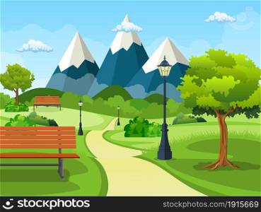 Summer, spring day park. Wooden bench, street lamp in park trail with lush green trees, bushes and mountains in the background. Vector illustration in flat style. Summer, spring day park