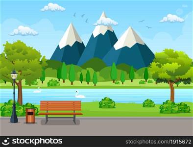 Summer, spring day park. Wooden bench, trash bin and street lamp on an asphalt park trail with lush green trees, bushes, lake and mountains. vector illustration in flat style. Summer, spring day