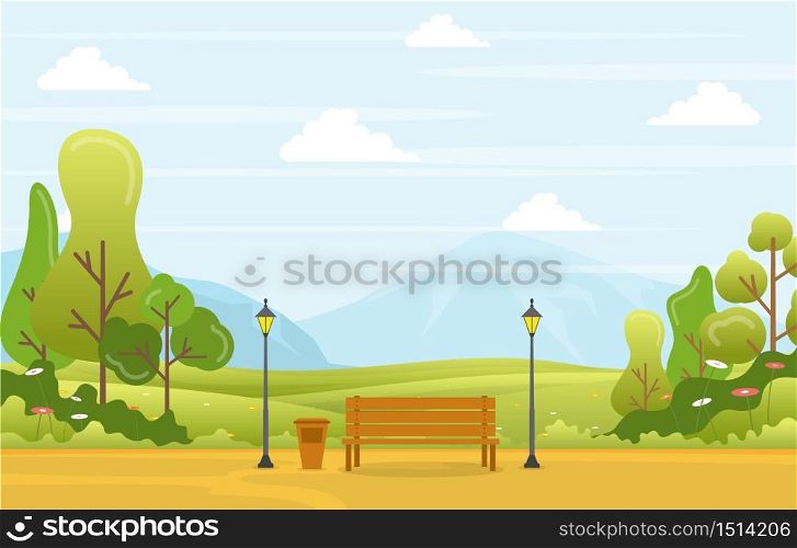 Summer Spring View in City Park Outdoor Landscape Flat Illustration
