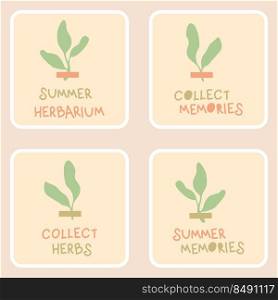 Summer stickers with small plants and text collection. Simple design for tee, fabric, stationery. Hand drawn vector illustration for decor and design.