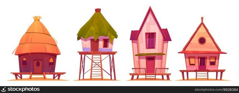 Summer stilt houses, bungalows on sea beach isolated on white background. Vector cartoon set of vintage villas for vacation and resort on exotic island in ocean. Small huts with straw roof on pier. Summer stilt houses, bungalows on sea beach