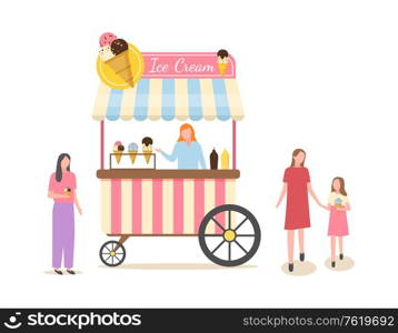 Summer store with ice cream vector, saleswoman selling dessert for people, custormers mother and daughter, lady buying delicious products from shop. Ice Cream Business, Shop with Frozen Dessert Meal