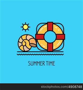 Summer. Summer vacation. Lifebuoy and sea shells. Vector emblem.