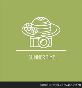 Summer. Summer vacation. Vector emblem. Camera and a summer hat.