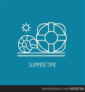 Summer. Summer vacation. Vector emblem. Lifebuoy and sea shells.