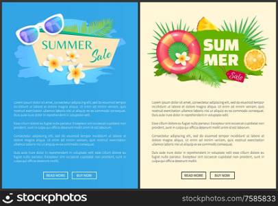 Summer summertime sale online web banner vector. Seasonal promotion lifebuoy and orange slice. Vacation proposition, pineapple fruit and sunglasses. Summer Summertime Sale Online Web Banner Vector