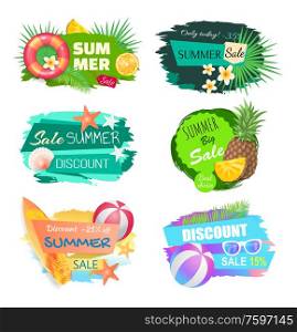 Summer summertime sales banners set vector. Lifebuoy saving ring and tropical leaves, pineapple fruit, sea star and shells. Discounts and new offers. Summer Summertime Sales Set Vector Illustration