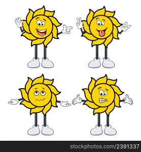 Summer Sun Face set. sun character with arm and leg in different expressions.