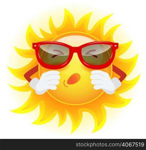 Summer sun in sunglasses sneezing. Allergy, climate, illness, cold. Changing weather concept. Can be used for greeting cards, posters, leaflets and brochure