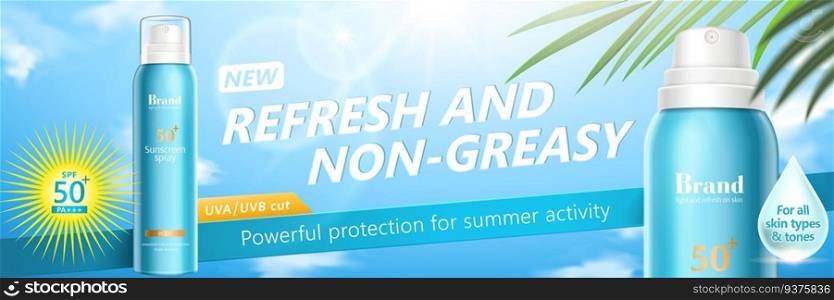 Summer sun spray banner ads in 3d illustration on blue sky background. Summer sun spray banner ads