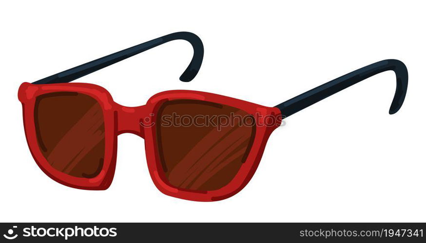 Summer sunglasses for men and women, isolated unisex model of glasses for heat. Simple design of accessories, classic fashionable shades with plastic frame and polarized lenses. Vector in flat style. Red sunglasses, unisex model of eyewear for summer