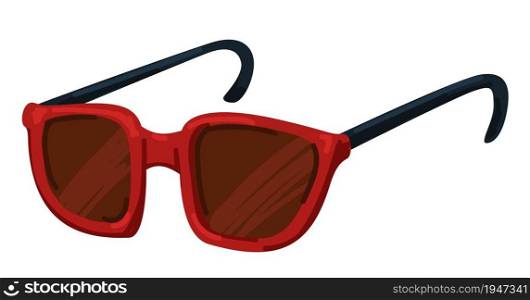 Summer sunglasses for men and women, isolated unisex model of glasses for heat. Simple design of accessories, classic fashionable shades with plastic frame and polarized lenses. Vector in flat style. Red sunglasses, unisex model of eyewear for summer