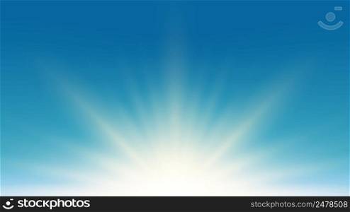Summer sunlight glaring ray burst on blue sky nature background. Vector illustration