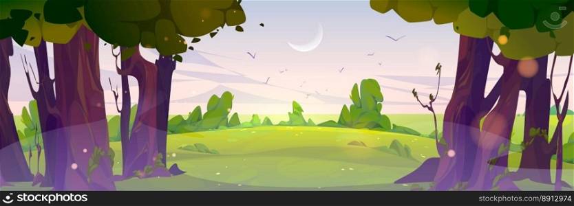 Summer sunrise forest landscape with green trees, bushes, grass. Nature park scenery, countryside panorama with trees and meadows in early morning, pink sky with crescent vector cartoon illustration. Summer sunrise landscape with trees, bushes, grass