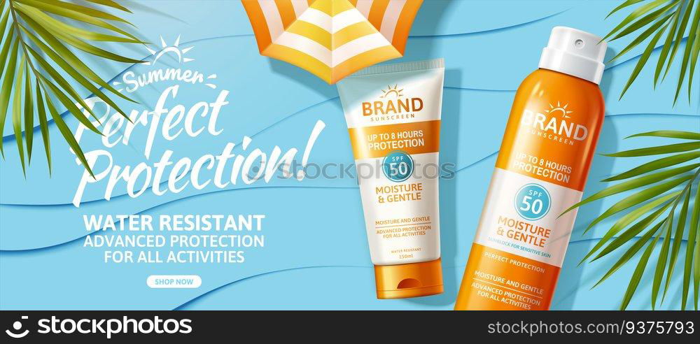 Summer sunscreen spray and cream lying on blue paper wave background, top view 3d illustration. Summer sunscreen spray and cream ad