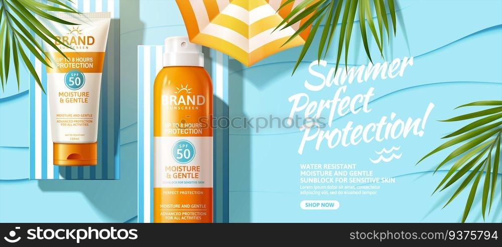 Summer sunscreen spray and cream lying on lounger, top view 3d illustration blue background. Summer sunscreen spray and cream ad
