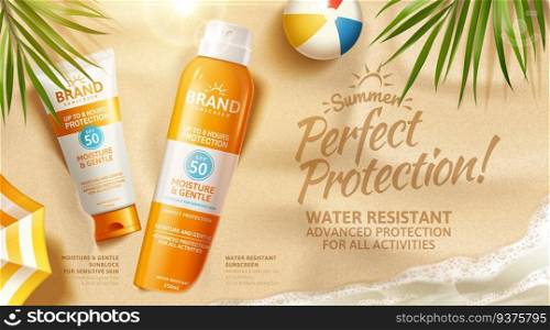 Summer sunscreen spray and cream lying on sand in 3d illustration with beach ball, palm leaves, top view sunblock ads. Summer sunscreen spray and cream ad