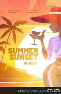 Summer sunset poster with silhouette of woman in hat with cocktail on background of sun. Vector invitation flyer of beach party with cartoon illustration of girl with drink on sea coast and palm trees. Summer sunset poster with silhouette of woman