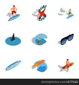 Summer surfing elements icons set. Isometric 3d illustration of 9 summer surfing elements vector icons for web. Summer surfing elements icons set
