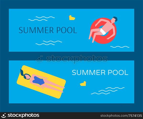 Summer swimming pool posters set vector. Man sitting in lifebuoy, woman on mattress. Chicken plastic toy decoration in basin water, people on vacation. Summer Swimming Pool Posters Vector Illustration