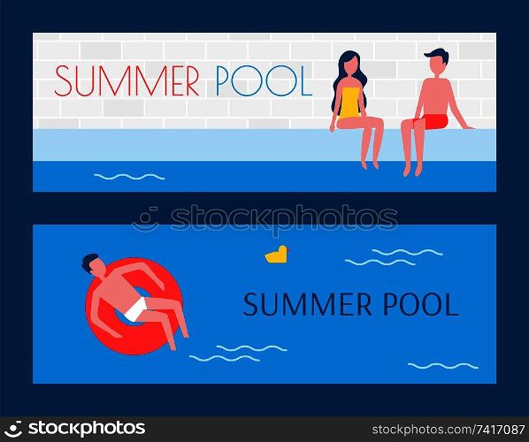 Summer swimming pool set of posters with text s&le. People floating on water lifeline couple sitting on poolside enjoying summer vacation vector. Summer Pool Set of Posters Vector Illustration