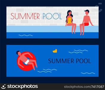 Summer swimming pool set of posters with text s&le. People floating on water lifeline couple sitting on poolside enjoying summer vacation vector. Summer Pool Set of Posters Vector Illustration