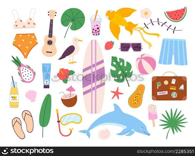 Summer symbols stickers, surf board, watermelon and travel bag. Beach ball, seagull, drinks, sunscreen and guitar. Vacation icons vector set. Illustration of summer sticker watermelon and sun. Summer symbols stickers, surf board, watermelon and travel bag. Beach ball, seagull, drinks, sunscreen and guitar. Vacation icons vector set