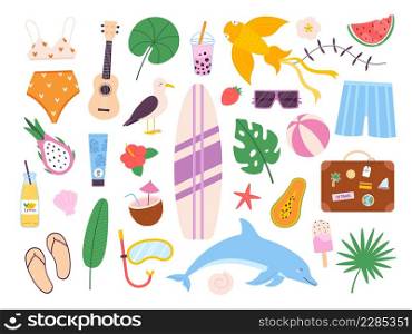 Summer symbols stickers, surf board, watermelon and travel bag. Beach ball, seagull, drinks, sunscreen and guitar. Vacation icons vector set. Illustration of summer sticker watermelon and sun. Summer symbols stickers, surf board, watermelon and travel bag. Beach ball, seagull, drinks, sunscreen and guitar. Vacation icons vector set