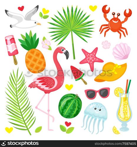 Summer symbols, tropical animals and plants, food and accessories vector. Gull and flamingo, pineapple and watermelon, crab and jellyfish, palm leaves. Tropical Summer Symbols, Animals and Plants, Food
