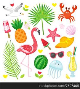 Summer symbols, tropical animals and plants, food and accessories vector. Gull and flamingo, pineapple and watermelon, crab and jellyfish, palm leaves. Tropical Summer Symbols, Animals and Plants, Food