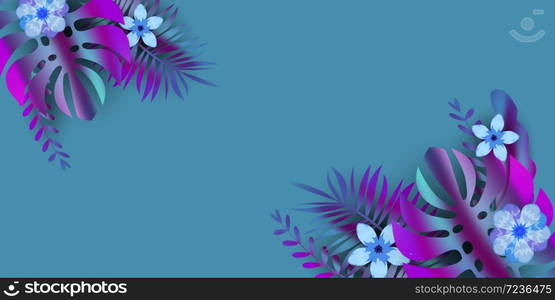 Summer template banner with holographic tropical leaves background. Summer template with holographic tropical plant leaves background, exotic floral design for flyer, invitation, poster, web site or greeting card. Vector illustration isolated