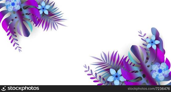 Summer template banner with holographic tropical leaves background. Summer template with holographic tropical plant leaves background, exotic floral design for flyer, invitation, poster, web site or greeting card. Vector illustration isolated
