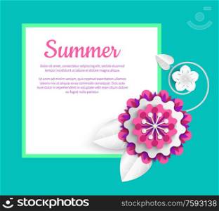 Summer template postcard decorated by flower origami, blue poster with empty square and colorful blossom ornament, greeting or poster with peony vector. Poster with Peony Origami, Summer Flower Vector