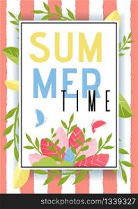 Summer Time Advertisement and Floating Butterflies in Frame with Plants Leaves Decor over Vertical Stripes or Brush Lines. Vector Flat Illustration in Cartoon Style. Invitation and Promotion Poster. Summer Time Advertisement with Plants Leaves Decor