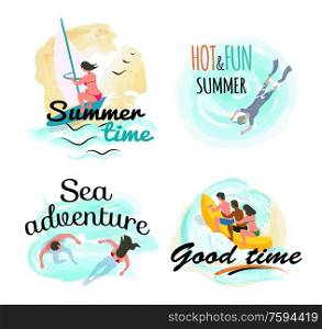 Summer time and sea adventure vector, people having fun by seaside. Man and woman riding inflatable banana boat, hot and fun summer ,windsurfing and scuba diving swimming. Summer Time and Sea Adventure, Good Time Vector
