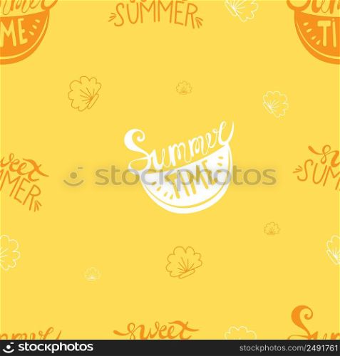 Summer time and sweet summer. Seamless summer pattern. slice of watermelon with an inscription on yellow background with seashells. Vector illustration for design, decor, wallpaper, textile, print