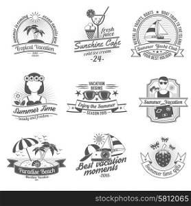 Summer time and vacation with beaches cafes and yacht club black white labels set flat isolated vector illustration. Summer black white labels set